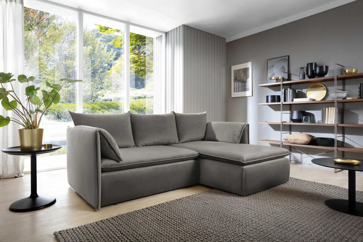 ECKSOFA PREGIO Grau Plüsch-Stoff mit Schlaffunktion - Grau, Holz (230/166cm) - MASSENO