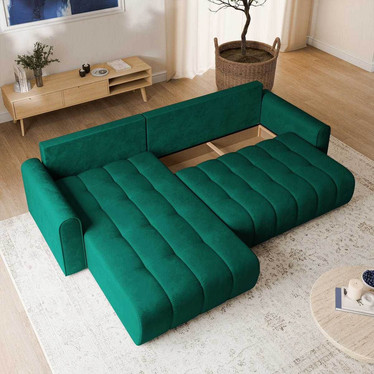ECKSOFA FRIGA Grün Velours-Stoff mit Schlaffunktion - Grün, Holz (283/185cm) - MASSENO