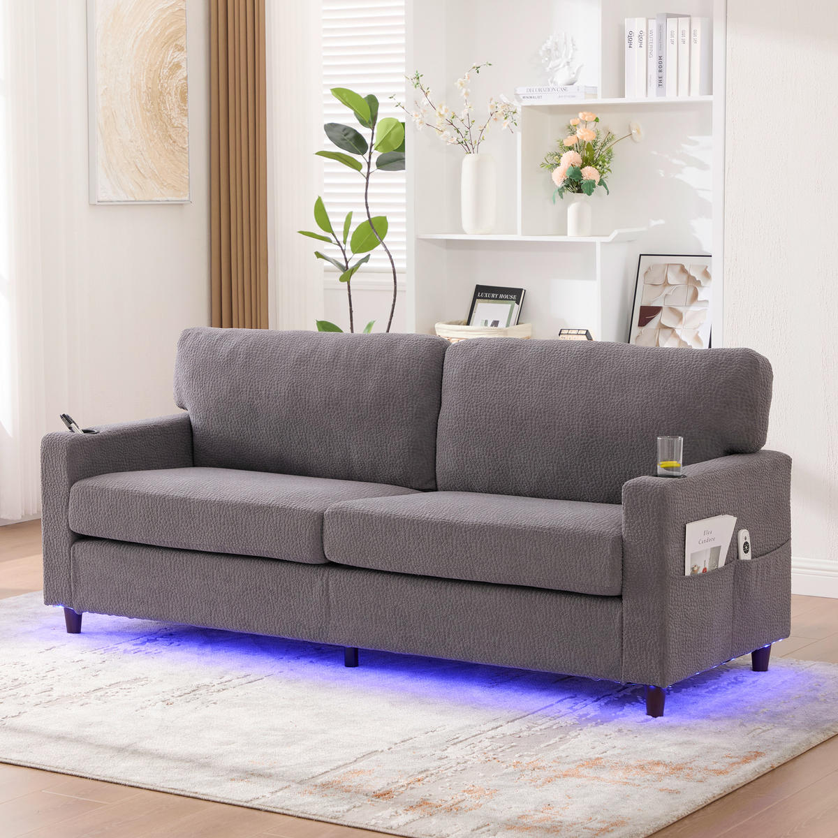 2-SITZER SOFA Chenille Hellgrau mit USB-C, LED, Getränkehaltern und Seitentaschen - Hellgrau, Holzwerkstoff/Textil (203/86/77.5cm) - WISHDOR