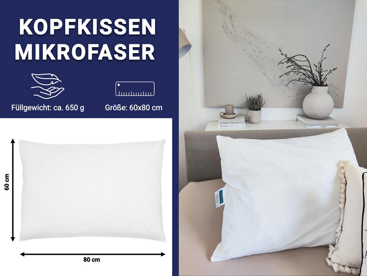 KOPFKISSEN, 60x80 cm, 65% Polyester, 35% Baumwolle, Weiß - Weiß, Textil (60/80cm) - Zollner