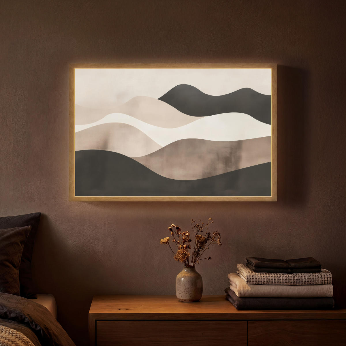 NÁSTĚNNÁ LAMPA S AKUMULÁTOREM Abstraktní - Krajina - Vlny - Krémová barva 60x40 cm - šedohnědá, kompozitní dřevo (60/40/8cm) - OnlyWow