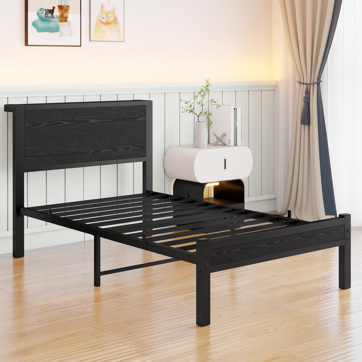 METALLBETT 90x200 cm Stauraum Kopfteil schwarz - Schwarz, Holzwerkstoff (90/200cm) - Fortuna Lai