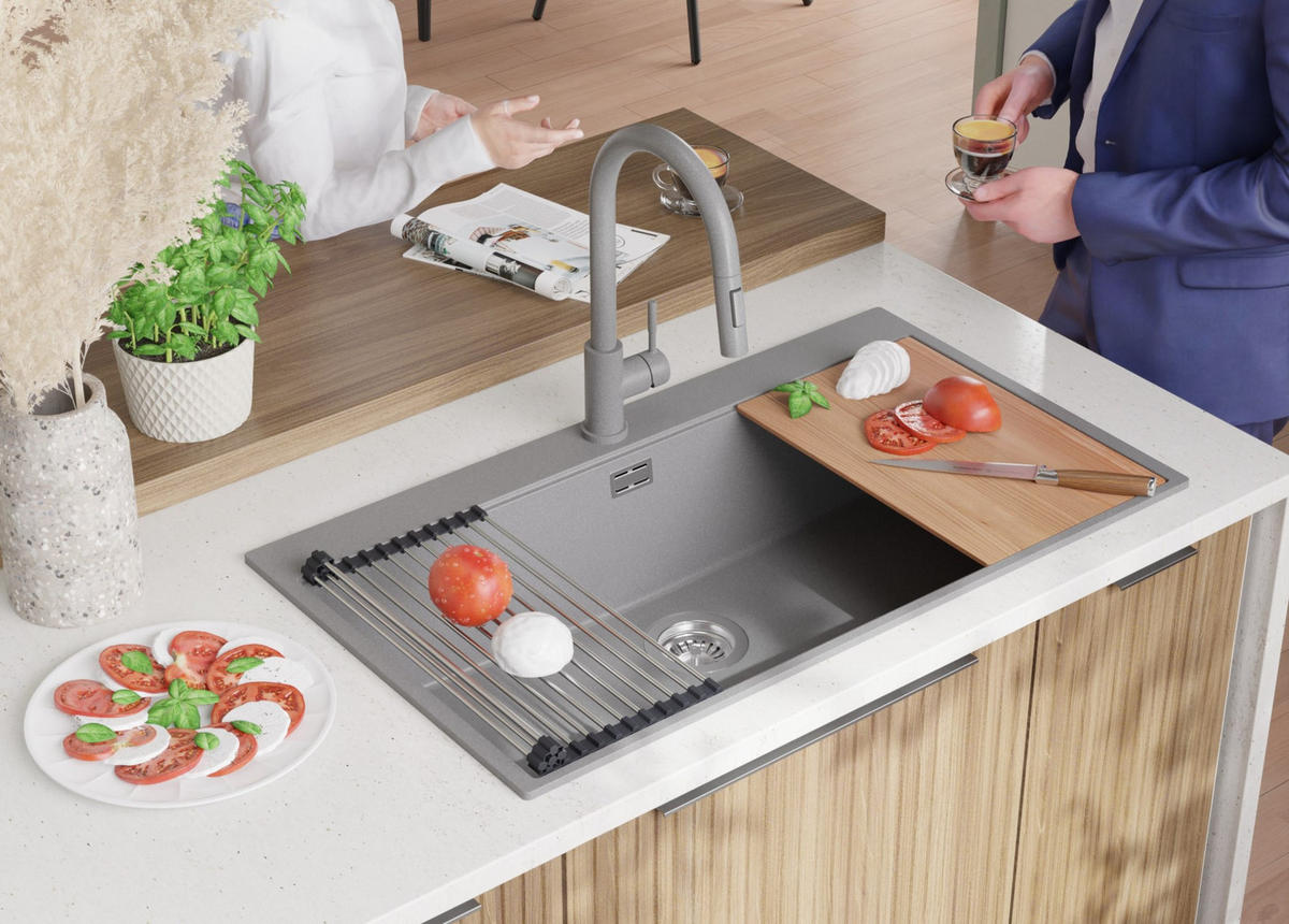 GRANITSPÜLE Oslo, 2-er set Grau 88/50 cm 1 Becken + Küchenarmatur 40/20 cm + Ablauf-Set + Schneidebrett ab 90er Unterschrank - Chromfarben/Beige, Kunststoff (88/20/50cm) - Primagran