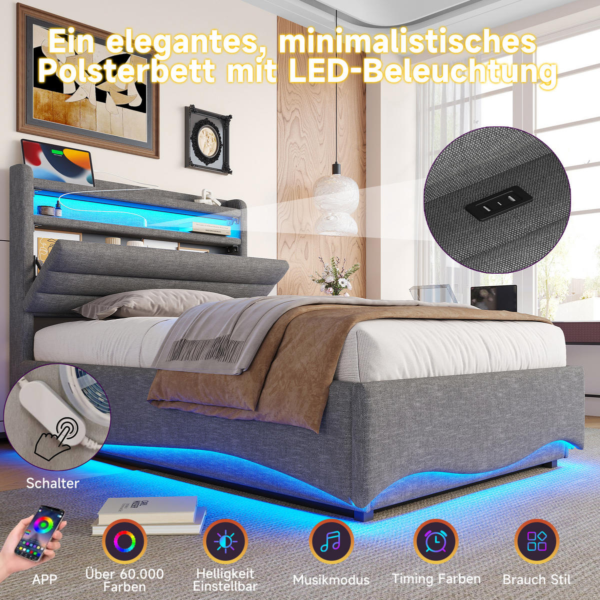 POLSTERBETT 90/200 cm Grau aus Leinen mit Stauraum, LED und USB-Anschlüssen - Grau, Textil (90/200cm) - Flora Grace