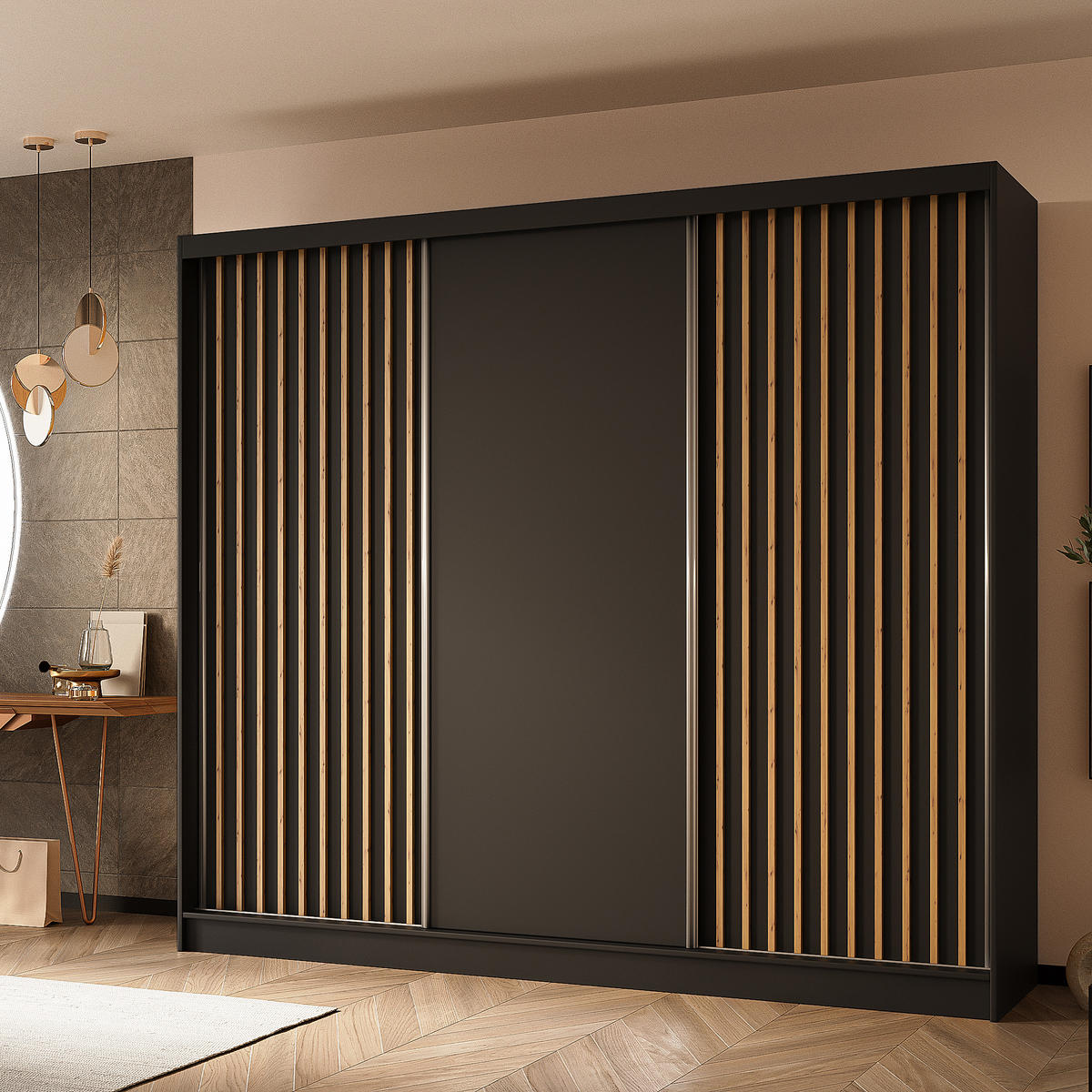 SKŘÍŇ s posuvnými dveřmi Helios 240/216/61 černá + dub Artisan se zásuvkami - černá/dub artisan, kompozitní dřevo (240/216/61cm) - Beautysofa