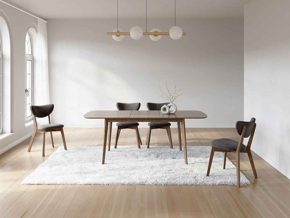 STUHL 6er-Set - Strukturstoff & natürliches dunkles Kautschukholz - Anthrazit - LISETTE - Anthrazit, Holz (50/79/47cm) - Vente-Unique