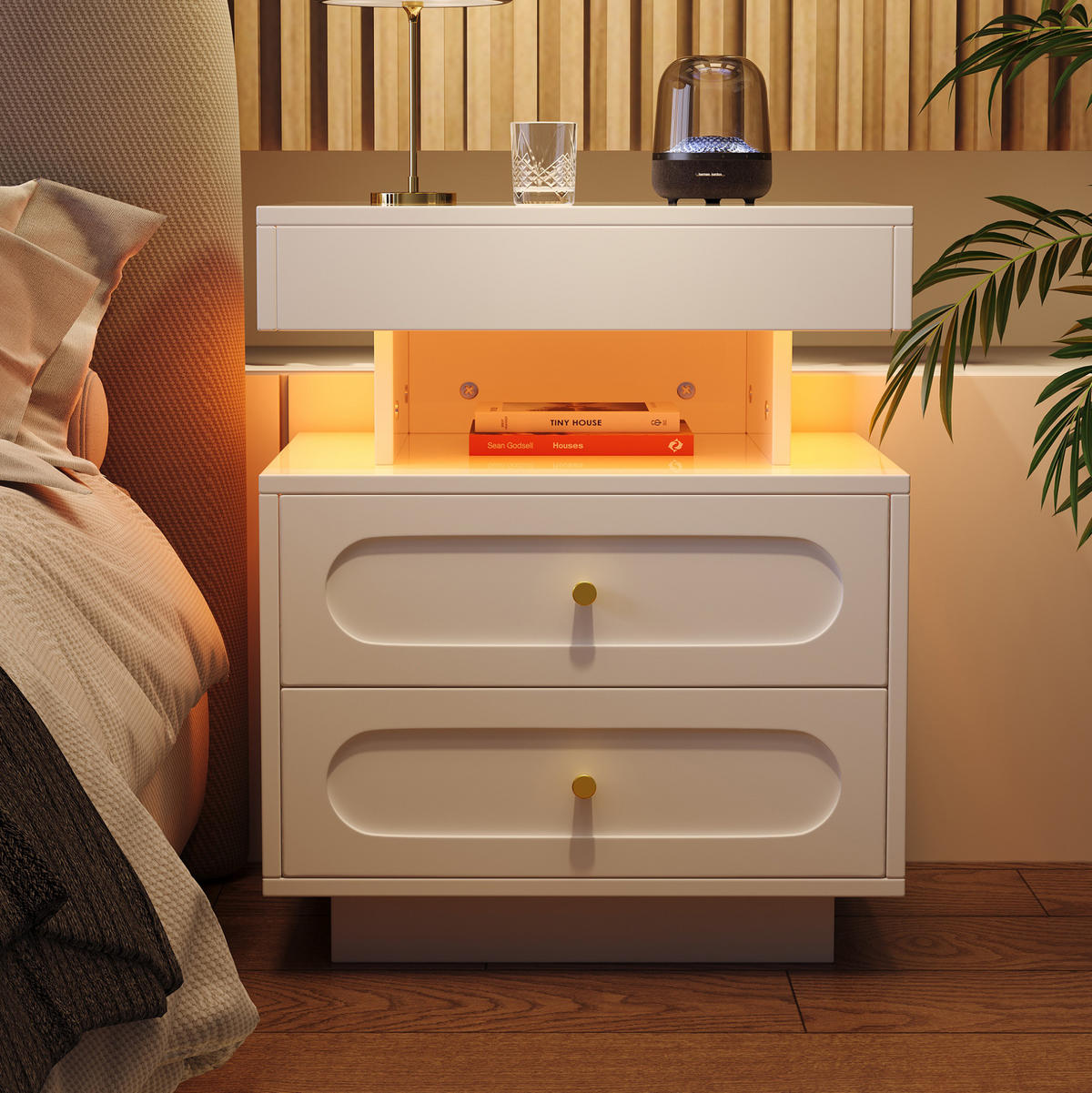 NACHTTISCH aus Spanplatte 100x40x60 cm Weiß mit LED-Beleuchtung und Schublade - Weiß, Holzwerkstoff (100/60/40cm) - Modfu