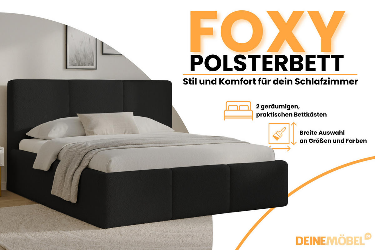 POLSTERBETT FOXY 180/200 in Boucle Schwarz - Schwarz, Holz/Holzwerkstoff (180/200cm) - Deine Möbel 24