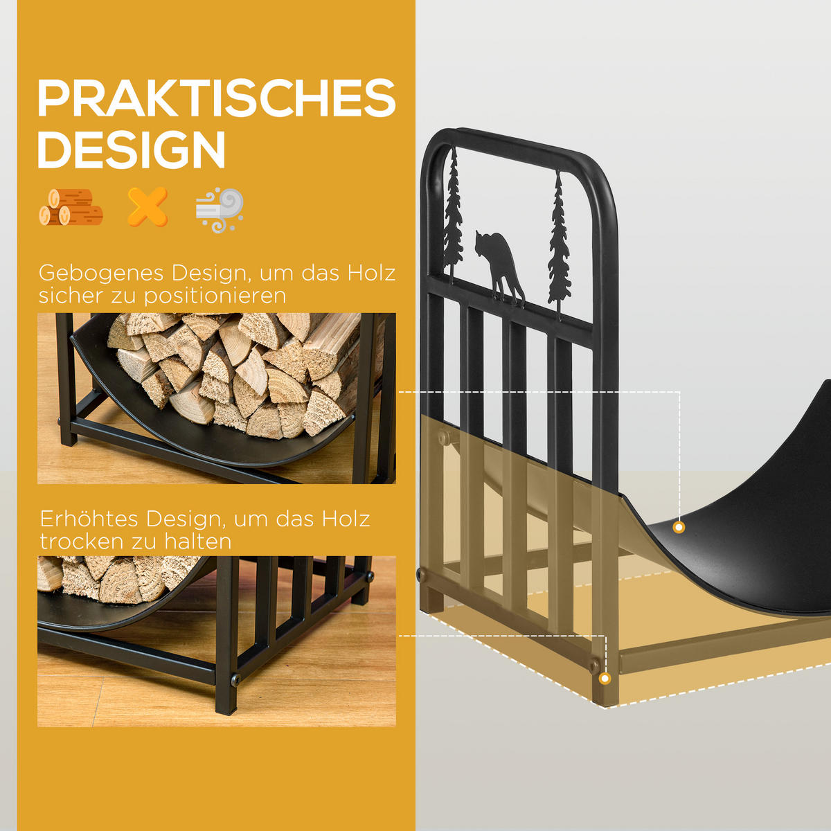 KAMINHOLZREGAL bis 50 kg - Schwarz, Metall (33.5/43/42cm) - Outsunny