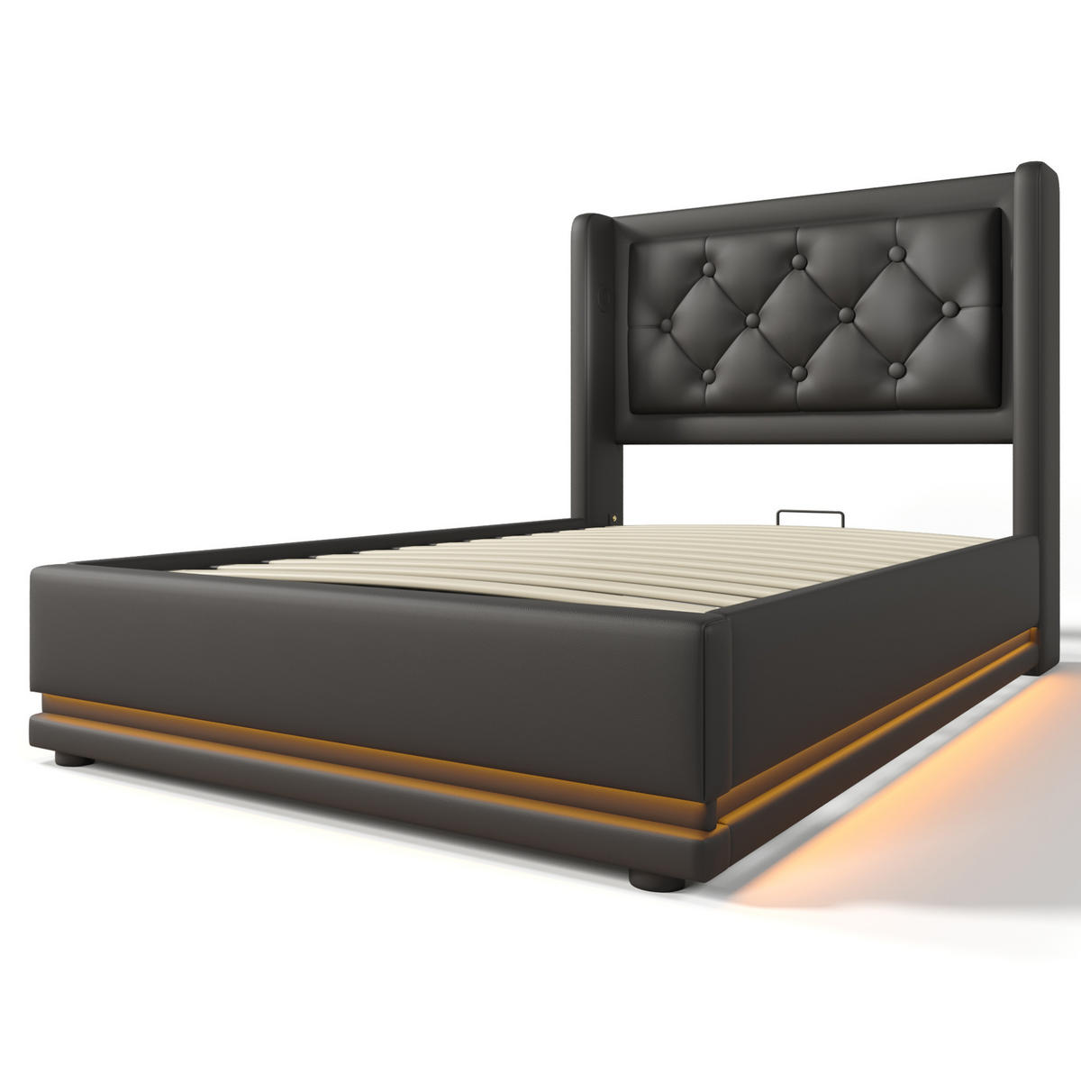 BETT mit Stauraum 90x200 cm PU Schwarz mit LED und USB - Schwarz, Metall (90/200cm) - Meubliv
