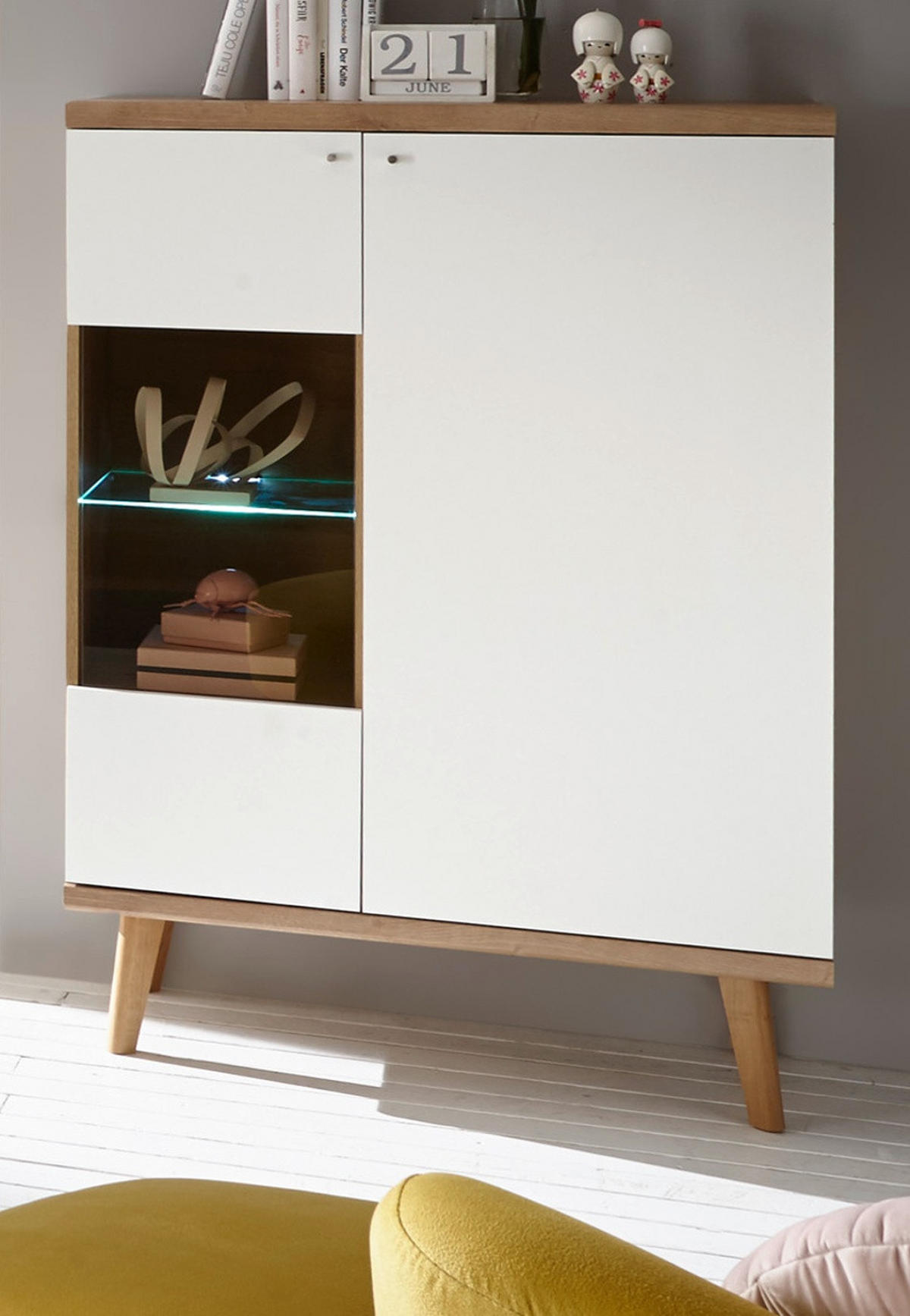 HIGHBOARD weiß Eiche Riviera, Vitrine skandinavisch 90 x 134 cm - Eichefarben/Weiß, Holz/Holzwerkstoff (90/134/40cm) - Furn.Design