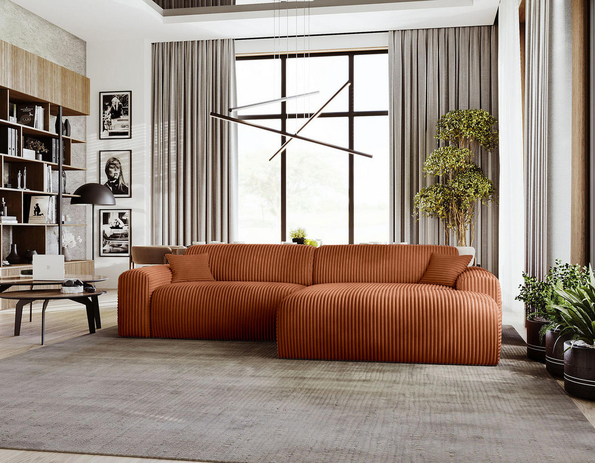 ECKSOFA mit Longchair - Cord - Schwarz/Braun, Kunststoff/Textil (284/178cm) - home24