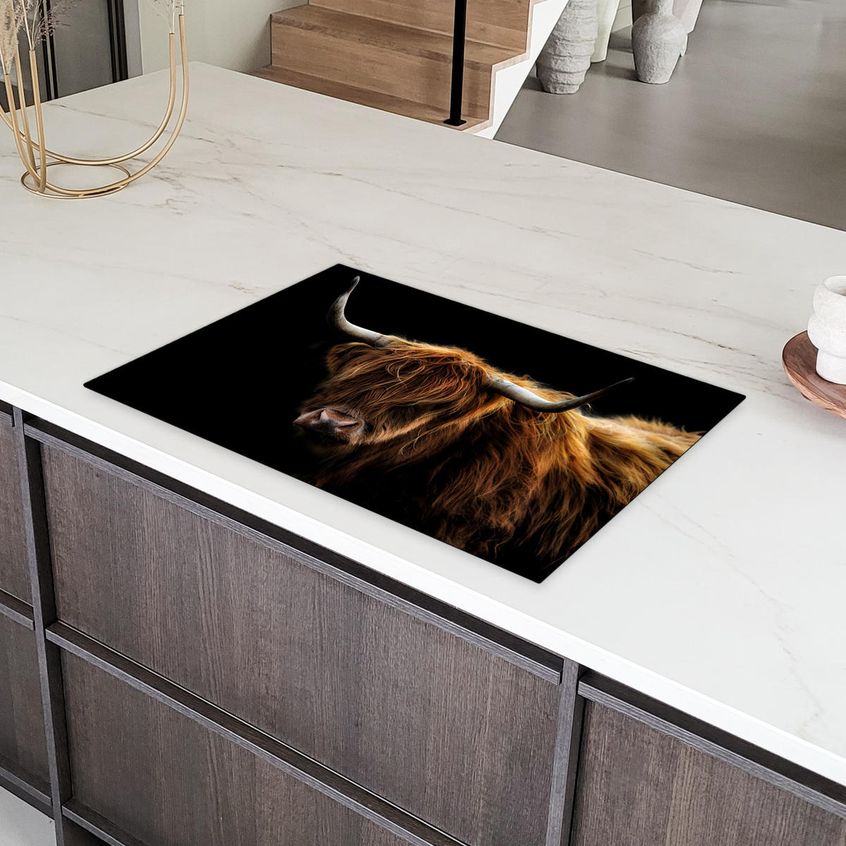 HERDABDECKPLATTE Schottischer Highlander - Hörner - Schwarz - Tiere - Natur - Wild - Kuh Induktionsschutz 81.6x52.7 cm - Cognac, Kunststoff (81.6/52.7/0.2cm) - MuchoWow