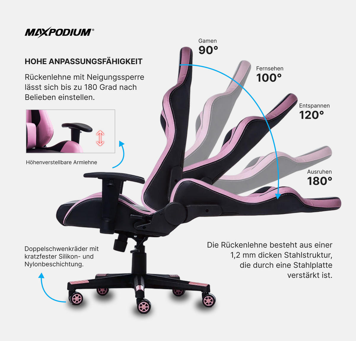 GAMING-BÜROSTUHL TACTICAL Schwarz Rosa - Pink/Schwarz, Kunststoff/Metall (55/137/50cm) - MaxPodium