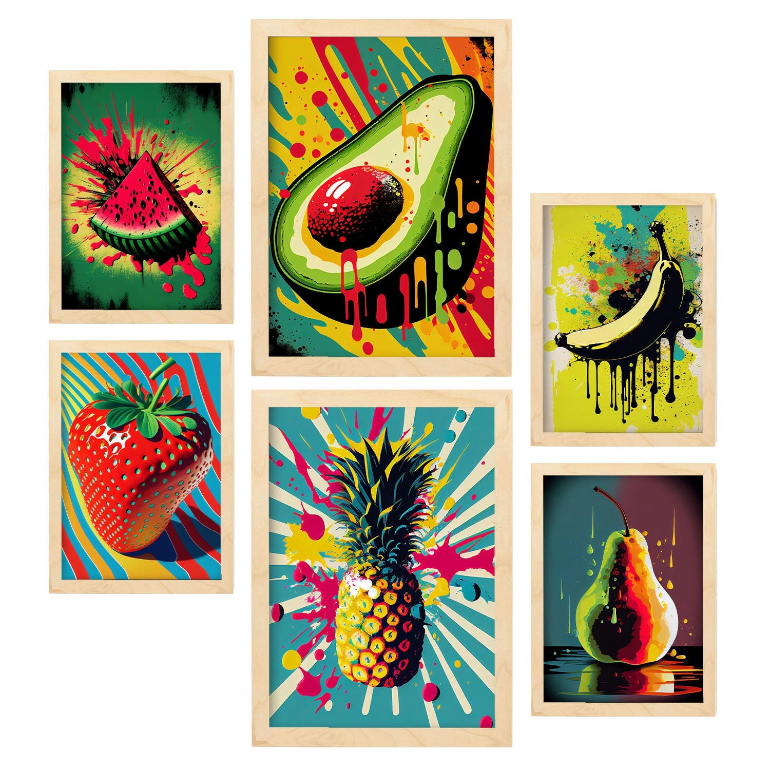 POSTER Set Mit 6 Tropische Früchte Vollfarbige Plakate Von Obst, Gemüse Und Gesunden Lebensmitteln Im Urban Art Stil A3 & A4 Rahmen Aus Hellem Holz - Beige, Papier (29/3cm) - Nacnic