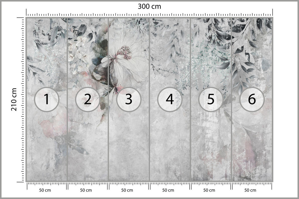 FOTOTAPETE für Büro Zarte Blätter Grau Betonwand Blumen Natur 300x210 - Grau, Papier (300/210cm) - Muralo