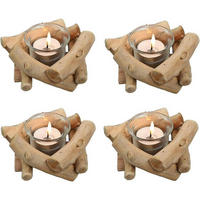 TEELICHTHALTER 4-teiliges Set Holz mit Glasbecher - Hellbraun, Holz (8cm)