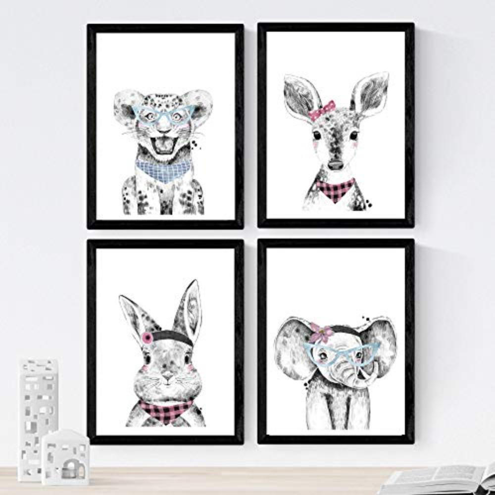 POSTER Set mit 4 „Tieren mit Rosa und Blau Zubehör“ A3 Schwarzer Rahmen - Schwarz, Papier (29.7/3cm) - Nacnic