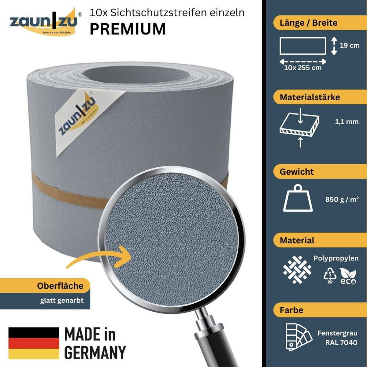 SICHTSCHUTZSTREIFEN PP Sichtschutzstreifen Doppelstabzaun Fenstergrau,10x 2,55m - Hellgrau, Kunststoff (2550/19cm) - ZAUN|ZU