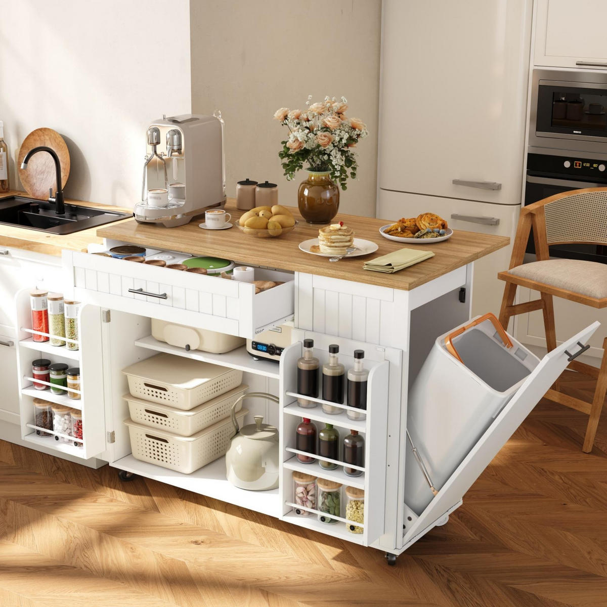 KÜCHENINSEL auf Rollen 130/45/93.3 cm Weiß mit klappbarer Arbeitsplatte, 1 Schublade und Mülleimerschrank - Weiß, Holz/Holzwerkstoff (70/93/130cm) - Oxeza