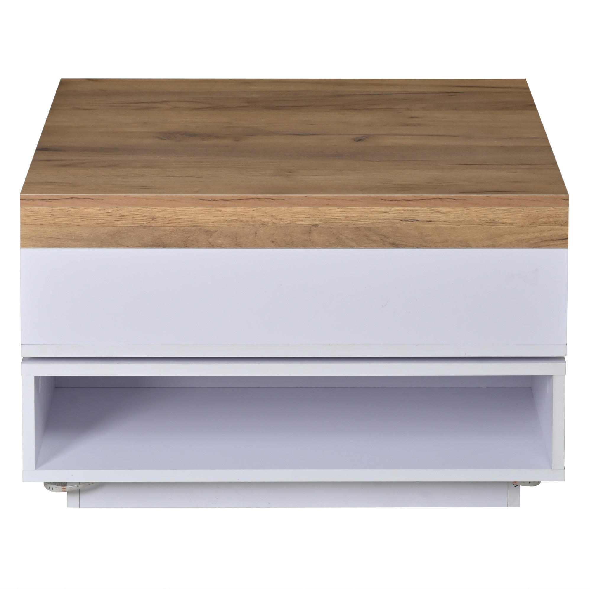 OKWISH KONFERENČNÍ stolek 65/65/40 cm bílá a dubový dekor z MDF s LED a otočnou deskou