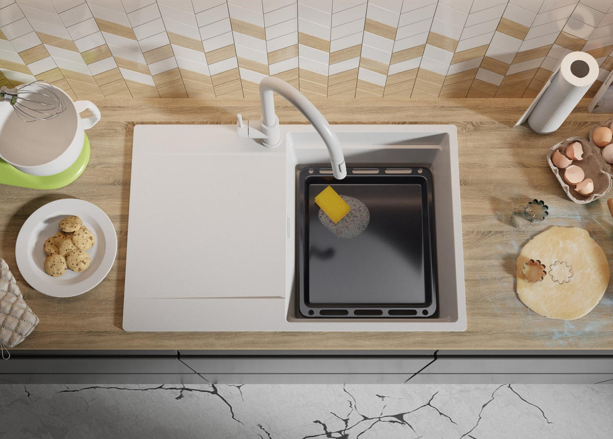 SPÜLBECKEN San Francisco, 2-er set Weiß 78/50 cm 1 Becken + Ablauf-Set + Aufrollbare Abtropffläche ab 50er Unterschrank - Chromfarben/Weiß, Kunststoff (78/20/50cm) - Primagran