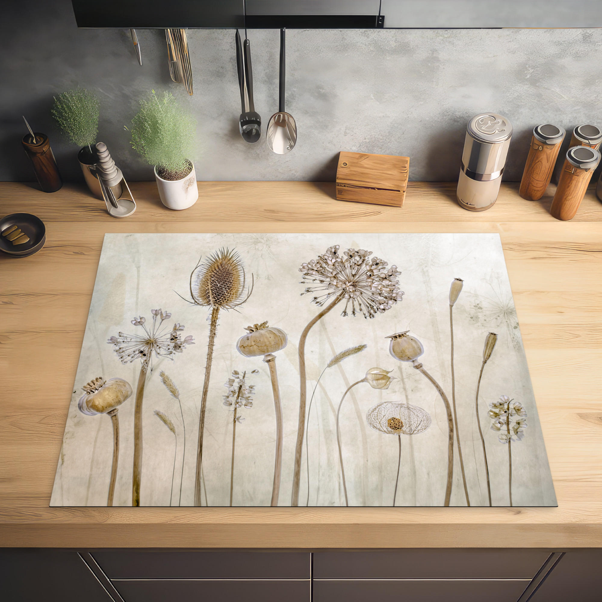 HERDABDECKPLATTE Blumen - Aquarell - Stilleben - Braun - Vintage 77x59 cm - Sandfarben, Kunststoff (77/0.2/59cm) - MuchoWow