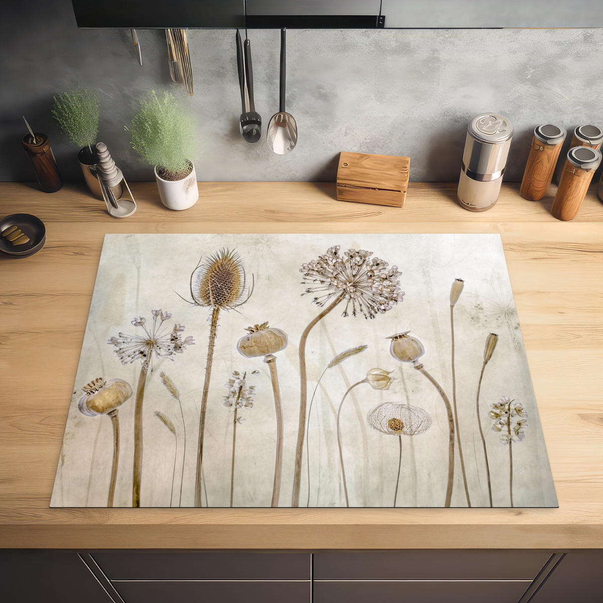 HERDABDECKPLATTE Blumen - Aquarell - Stilleben - Braun - Vintage 77x59 cm - Sandfarben, Kunststoff (77/0.2/59cm) - MuchoWow