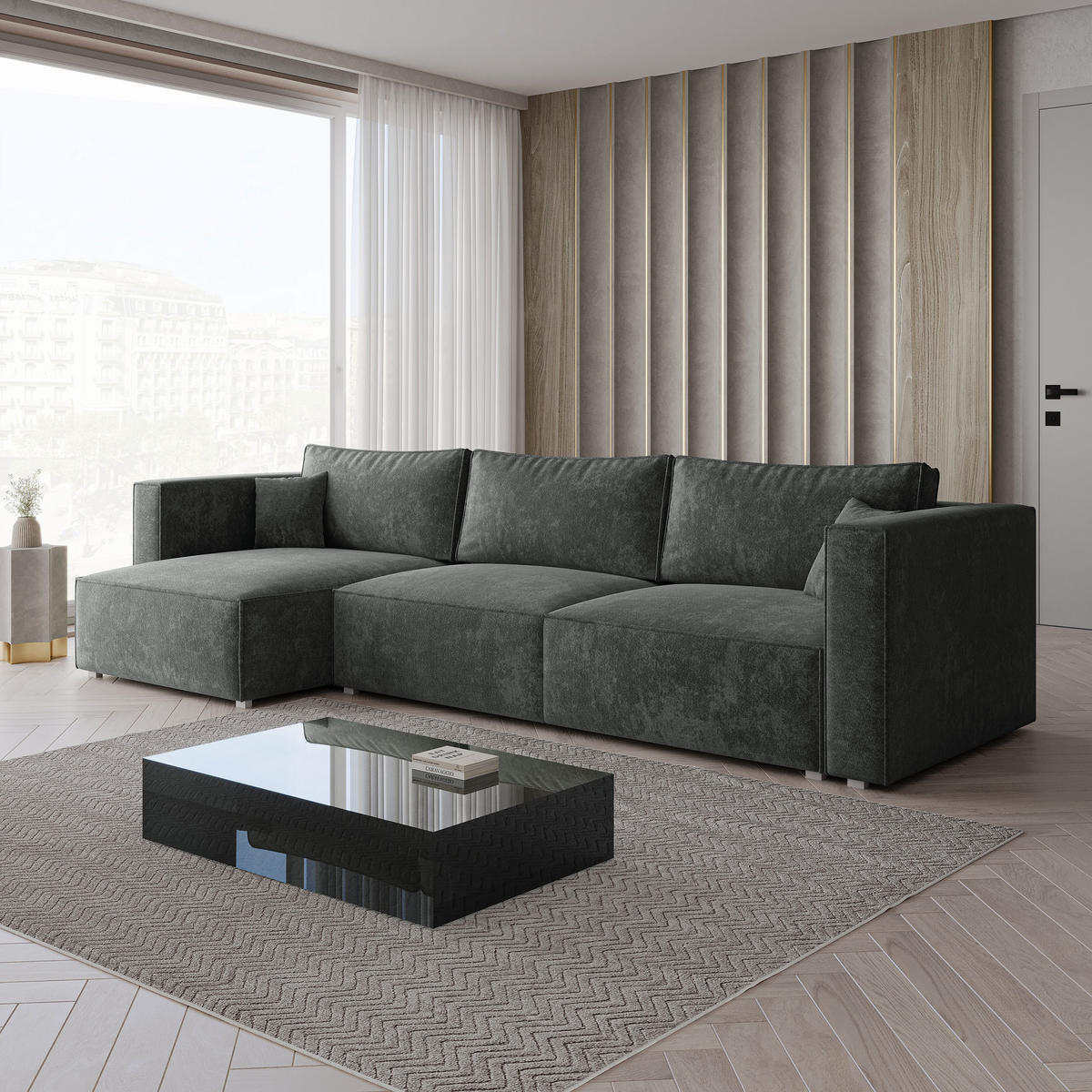 ECKSOFA TOLMO LM Grau Chenille mit Schlaffunktion - Grau, Holzwerkstoff/Textil (347/148cm) - MASSENO