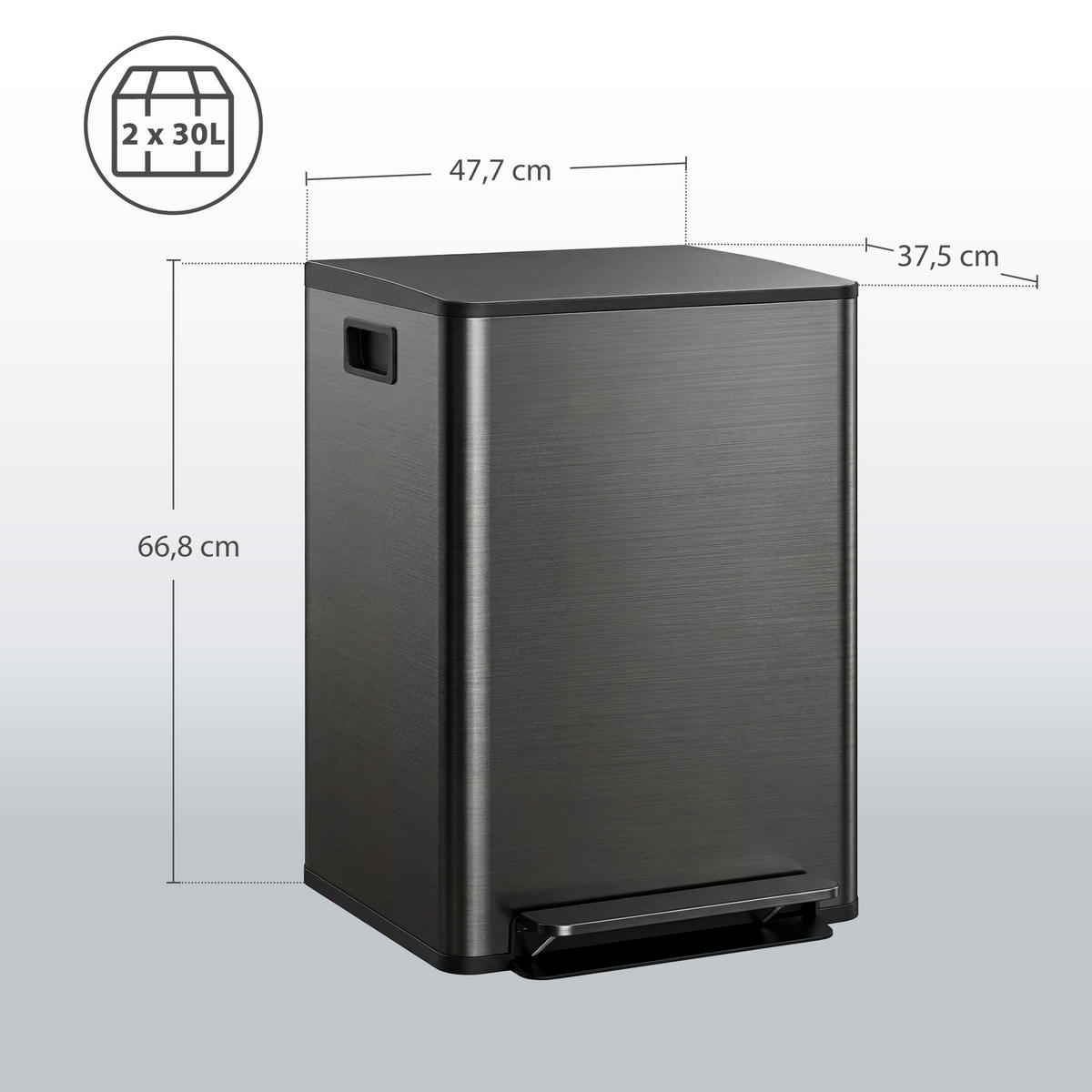 MÜLLEIMER DE-08931 2x30 L, Soft-Close, Mülltrennung Schwarz - Schwarz, Metall (37.5/66.8/47.7cm) - ComfortXL