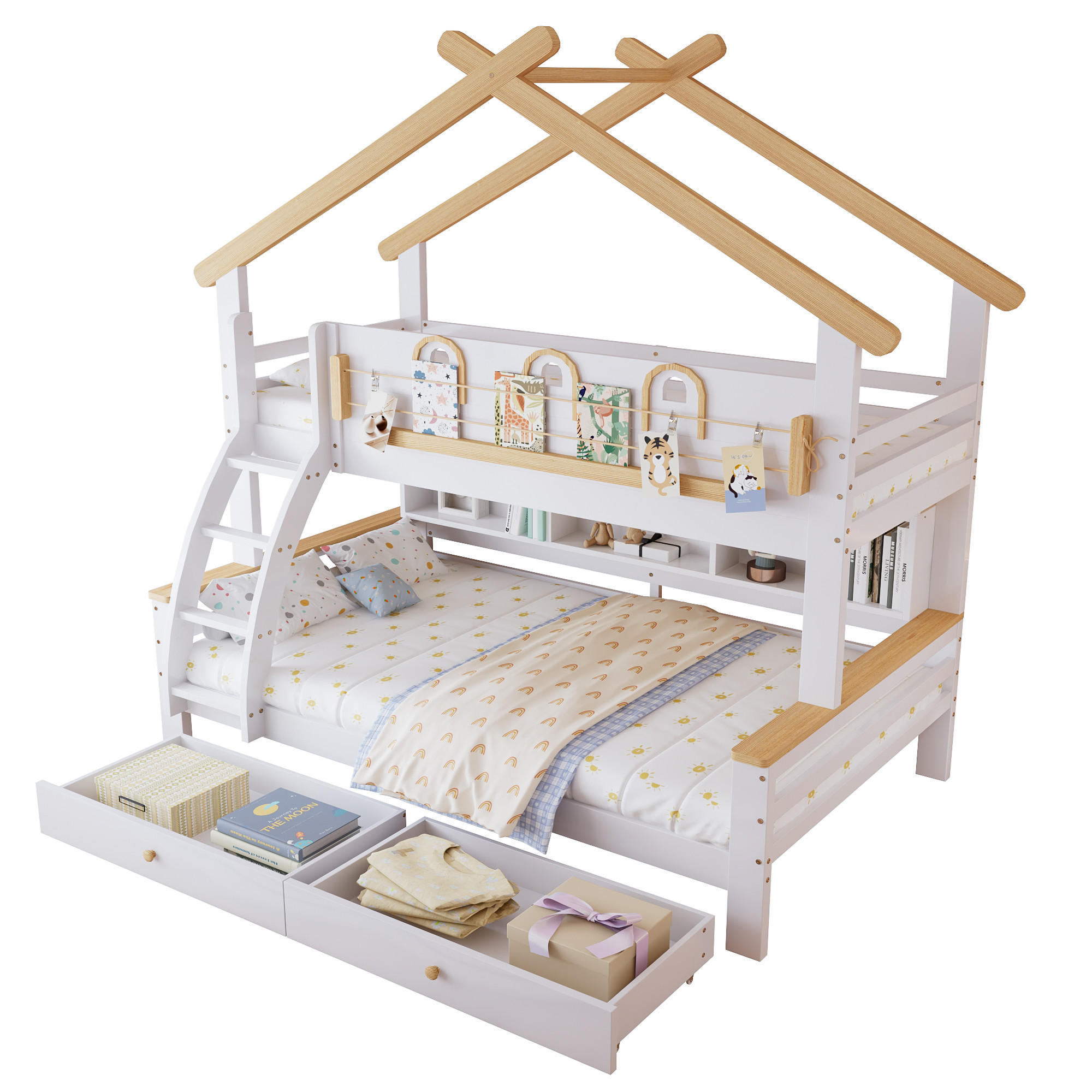ETAGENBETT 90/200 cm & 120/200 cm in Weiß & Natur Kinderbett mit 2 Schubladen, Regal und Treppe - Weiß/Naturfarben, Holzwerkstoff (90/200cm) - STILVORA