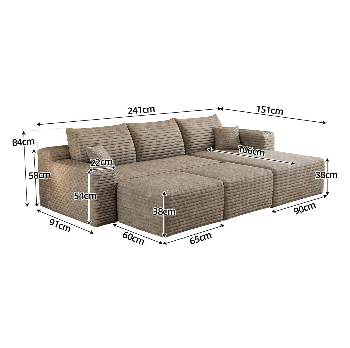 ECKSOFA 241/151/58 cm camel aus Stoff ohne Montage - Hellgrau, Textil (151/241cm) - OKWISH