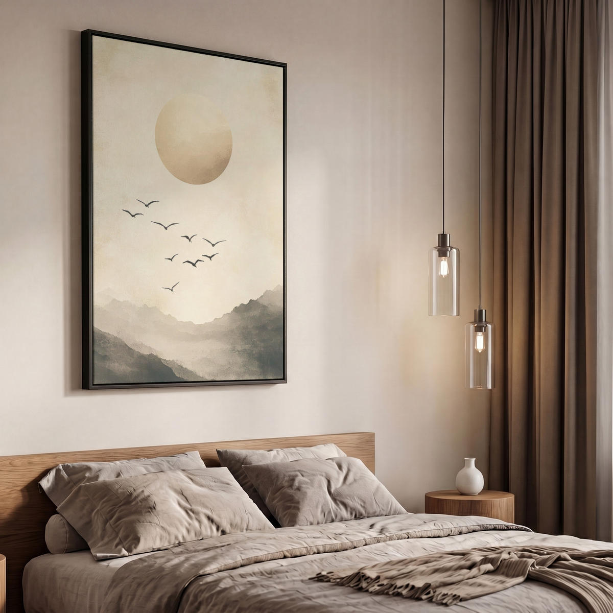 LEINWAND Bilder mit Rahmen - Landschaft - Japandi - Vogel - 60x90 - Beige, Textil (60/90cm) - MuchoWow