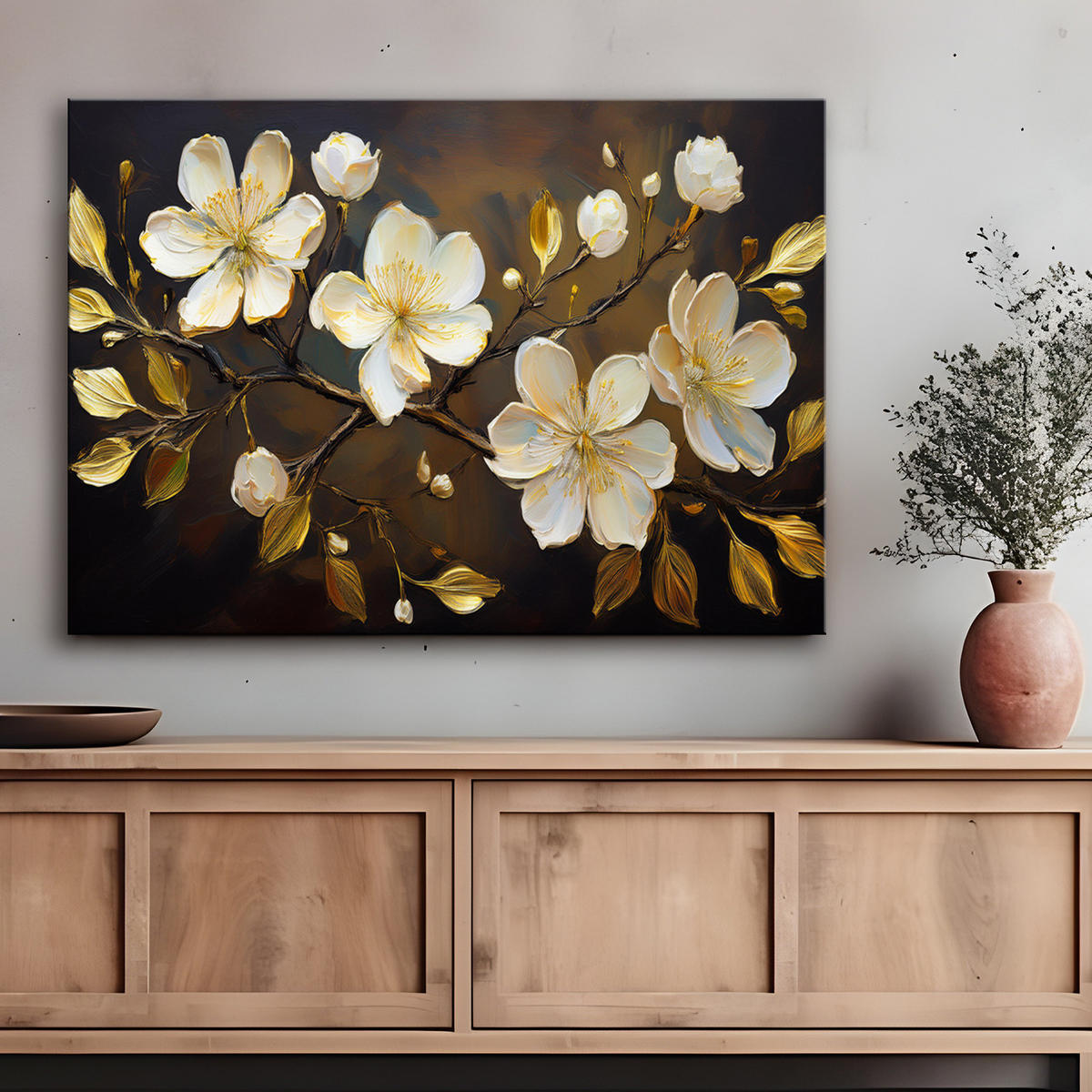 WANDBILD weiße blumen auf einem zweig - Beige, Textil (60/40cm) - Feeby