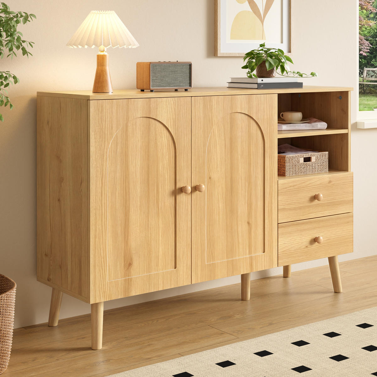 SIDEBOARD Gewölbte Türen Holzfüße 2 Schubladen 2 Fächer Modern - Naturfarben, Holzwerkstoff (118/82/35cm) - FLIEKS