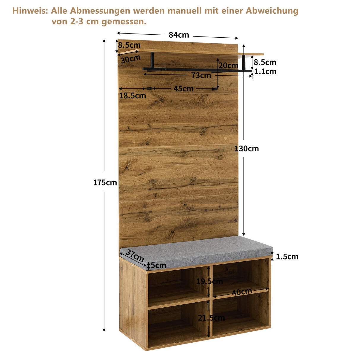 GARDEROBE Set Holzoptik Schuhbank Kleiderstange Regal 175cm - Eichefarben, Holzwerkstoff (84/175/37cm) - FLIEKS