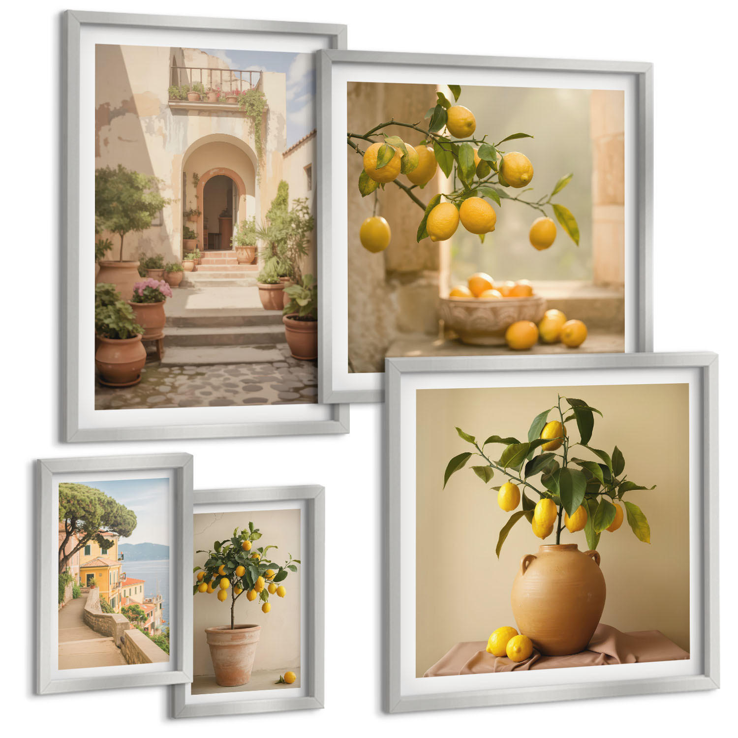BILDER SET 5er Set - 50x50 cm & 20x30 cm & 40x60 cm Silberner Rahmen - Frische, farbenfrohe Zitrusfrüchte - Silberfarben, Kunststoff (40/60cm) - TULUP