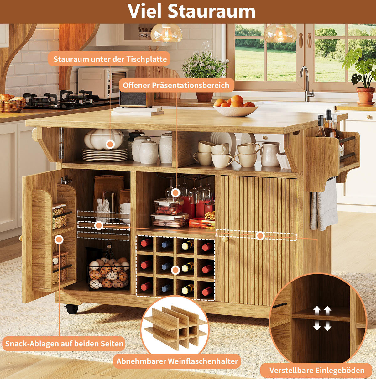 SERVIERWAGEN mit ausklappbaren Tischenden und Stauraum 142,5 cm Natural Wood - Naturfarben, Holz (80/95/142.5cm) - Beauniv