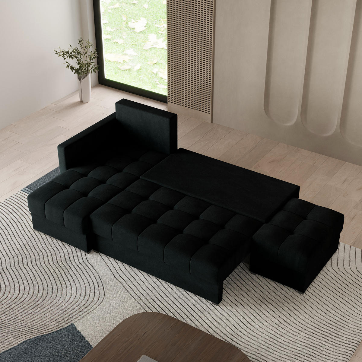 ECKSOFA LUMARI L-S Schwarz Plüsch-Stoff mit Schlaffunktion - Schwarz, Holz (262/143cm) - MASSENO