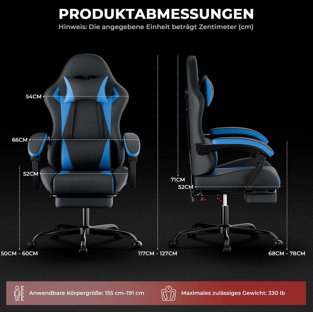 GAMINGSTUHL ergonomisch höhenverstellbar PVC Schwarz Blau - Blau, Kunststoff (63/120.5/58.5cm) - Meubliv