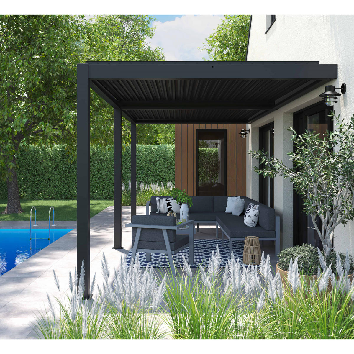 PERGOLA 3x6 m, mit 2 Markisen, Grau - Grau, Metall (281/257/574cm) - Oviala