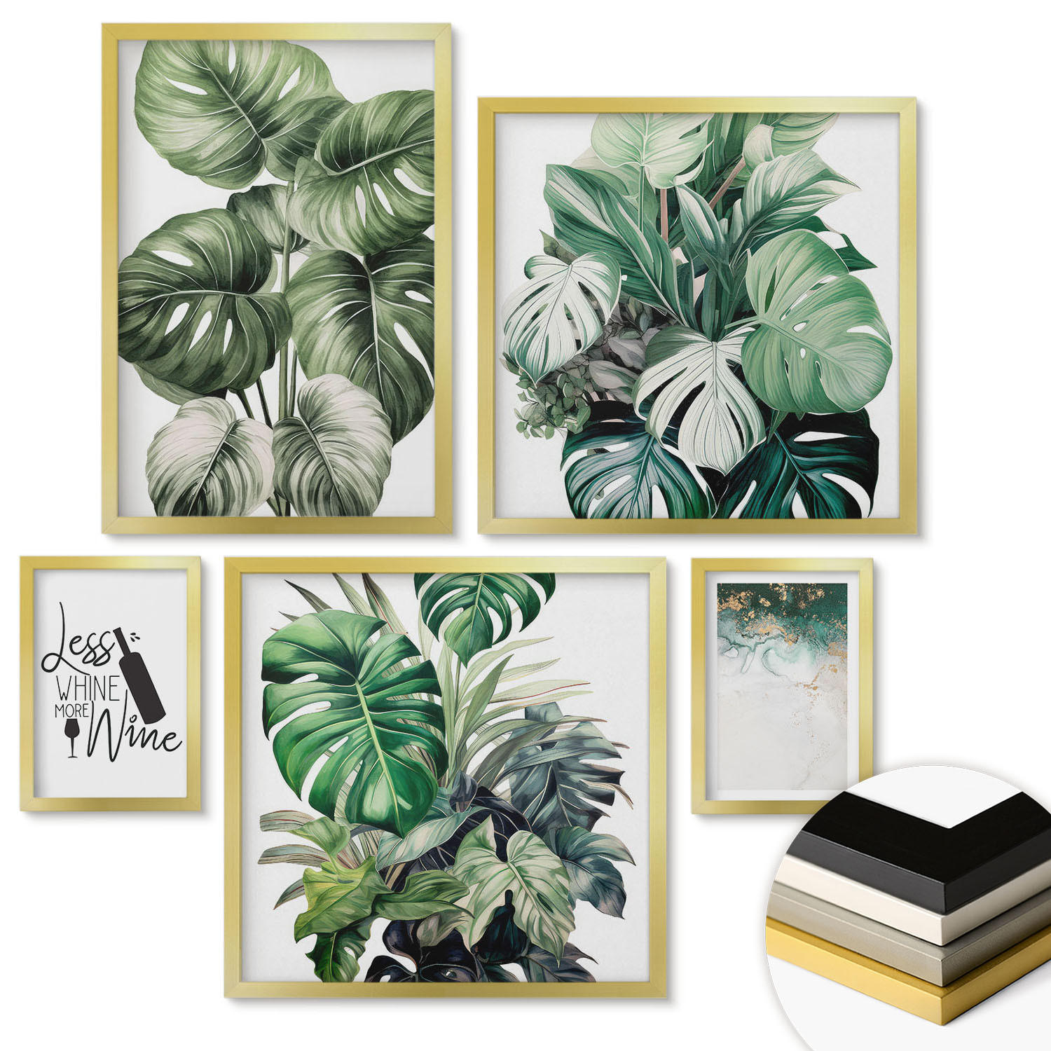 WANDBILDER 5er Set - 50x50 cm & 20x30 cm & 40x60 cm Goldrahmen - Grüne Weinblätter - Goldfarben, Kunststoff (40/60cm) - ArtPrintCave