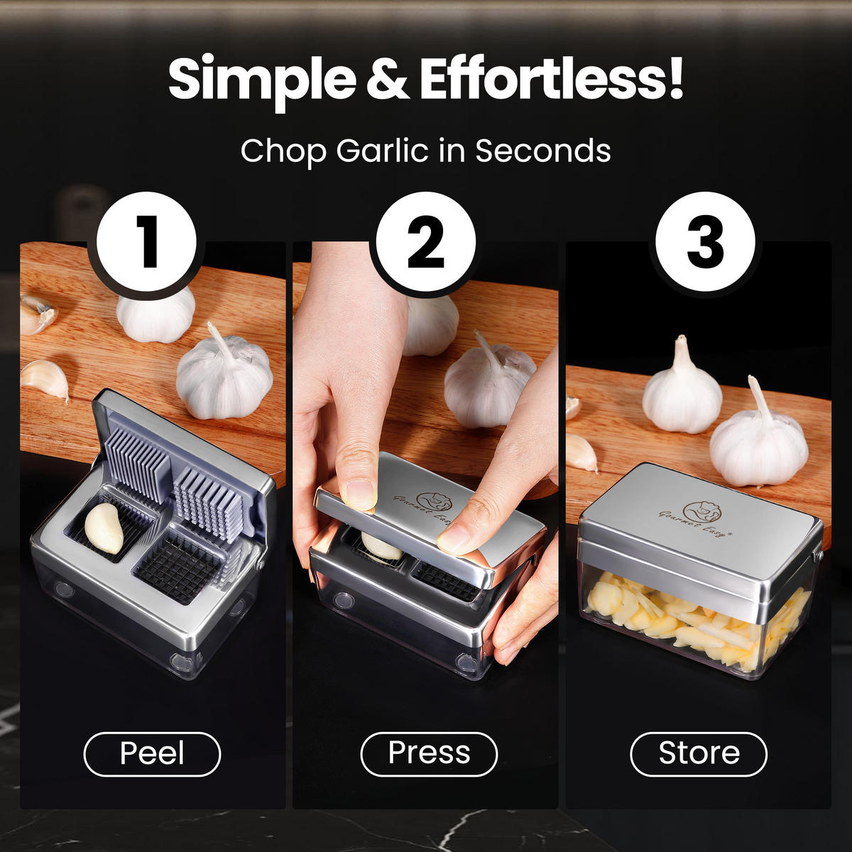 KNOBLAUCHSCHNEIDER Deluxe,Knoblauchschneider Deluxe, Edelstahl, 2-in-1 Hacker & Slicer mit Behälter - Edelstahlfarben, Metall (6.29cm) - Gourmet Easy
