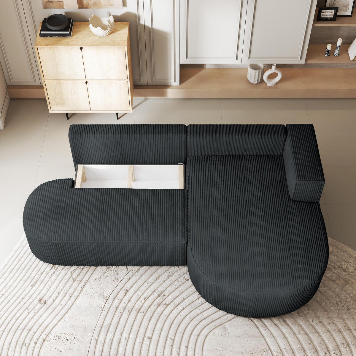 ECKSOFA CORTIO P R-S Graphitfarben Kordstoff mit Schlaffunktion - Graphitfarben, Holz (265/174cm) - MASSENO