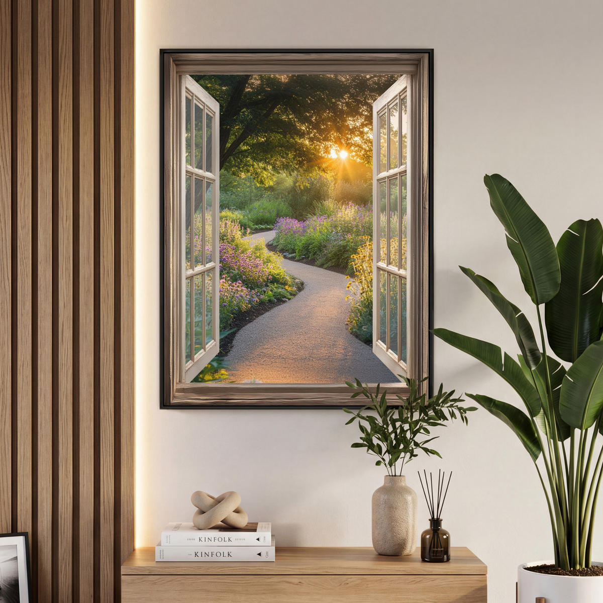LEINWAND Bilder mit Rahmen - Aussicht - Blumen - Natur - Sonne - Weg - 70x100 - Hellgelb, Textil (70/100cm) - MuchoWow