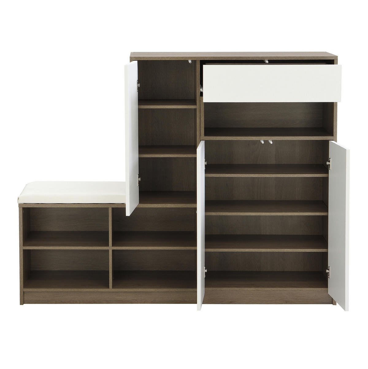 SCHUHSCHRANK 140/35/110 cm mit gepolsterter Sitzbank, verstellbaren Einlegeböden und grifflosen Türen, Weiß - Weiß, Holzwerkstoff (140/110/35cm) - Redom