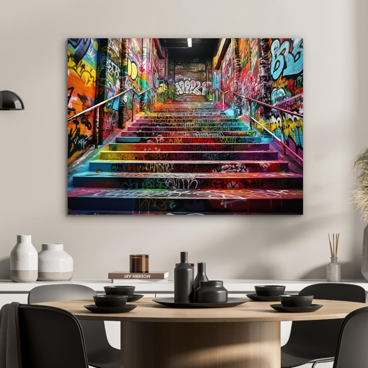 KOVOVÝ OBRAZ Schody - Graffiti - Farby - Umenie 80x60 cm - viacfarebná, kov (80/60cm) - MuchoWow