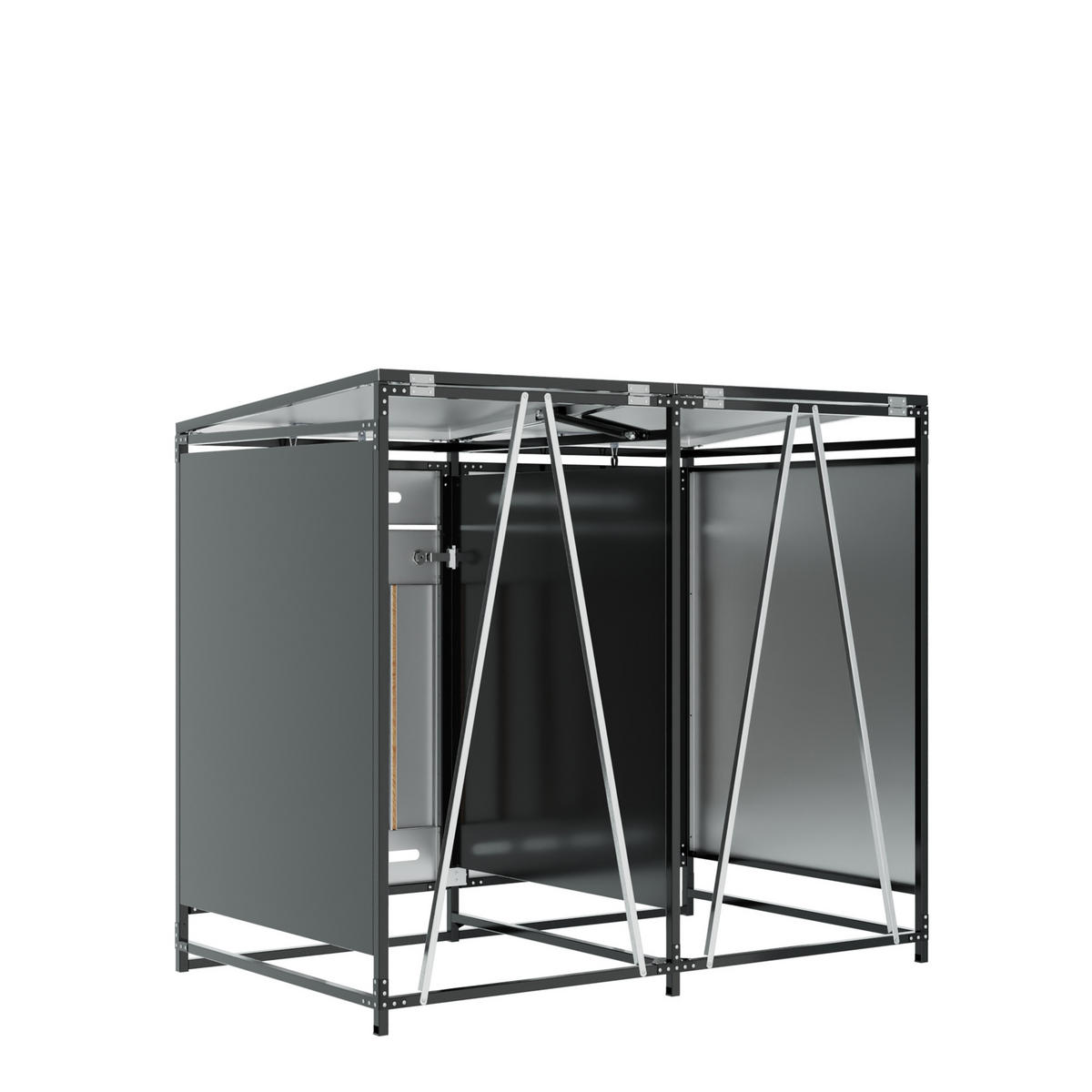 MÜLLTONNENBOX mit Hydraulischem Deckel Doppelkammer Metall Abschließbar Holzoptik - Grau, Metall (131/110/79cm) - PARAFTA HOME