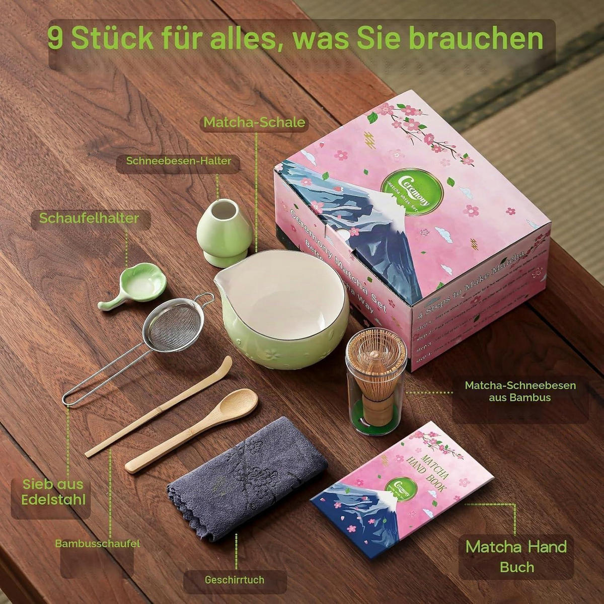 MATCHA Set 9-teiliges Set Kirschblüten-Grün - Grün, Keramik (10/10/15cm)