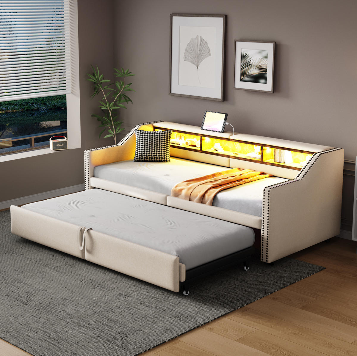 ČALÚNENÁ posteľ 90/180 x 200 cm s výsuvným lôžkom, úložnými priehradkami, LED osvetlením a USB portom, Béžová - béžová, textil (90/200cm) - Redom
